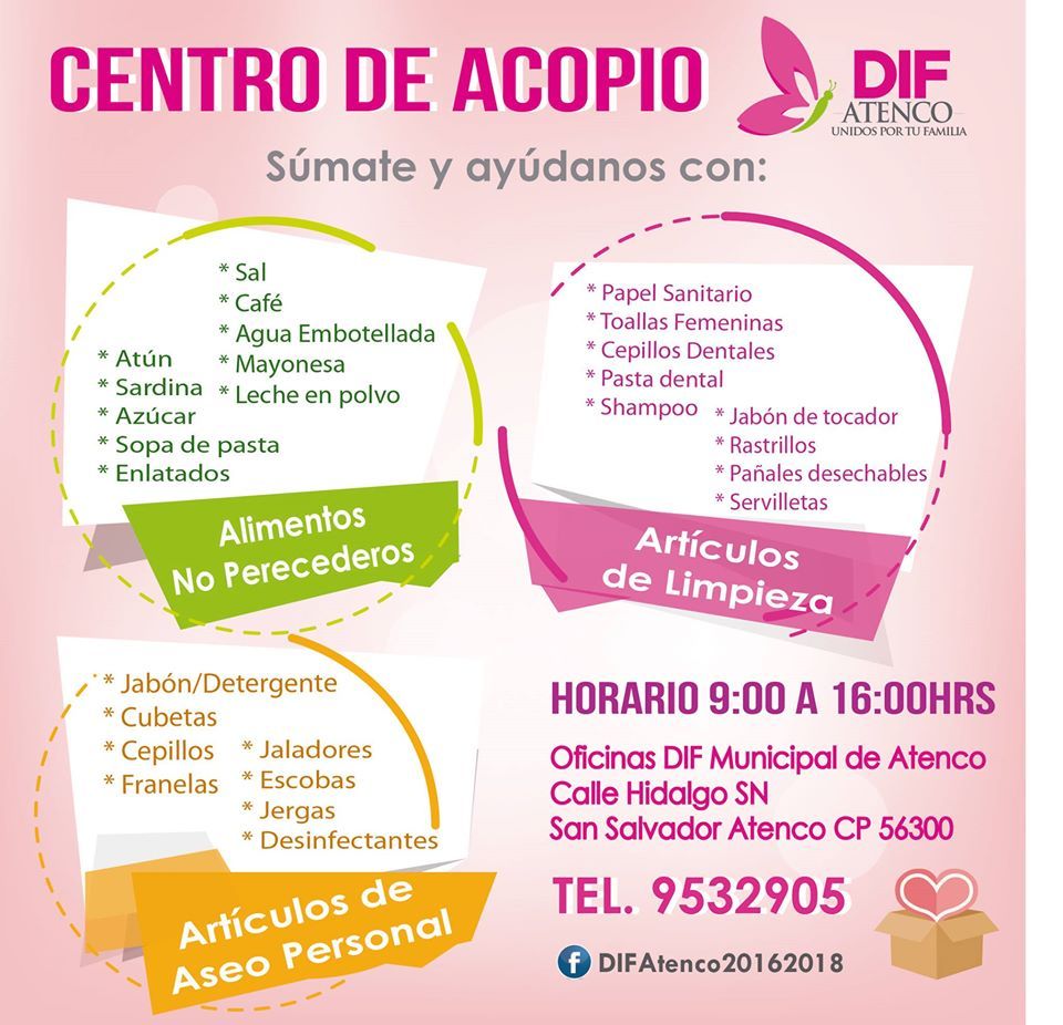 Instala DIF municipal de Atenco centro de acopio para damnificados de Chiapas, Oaxaca y Tabasco 