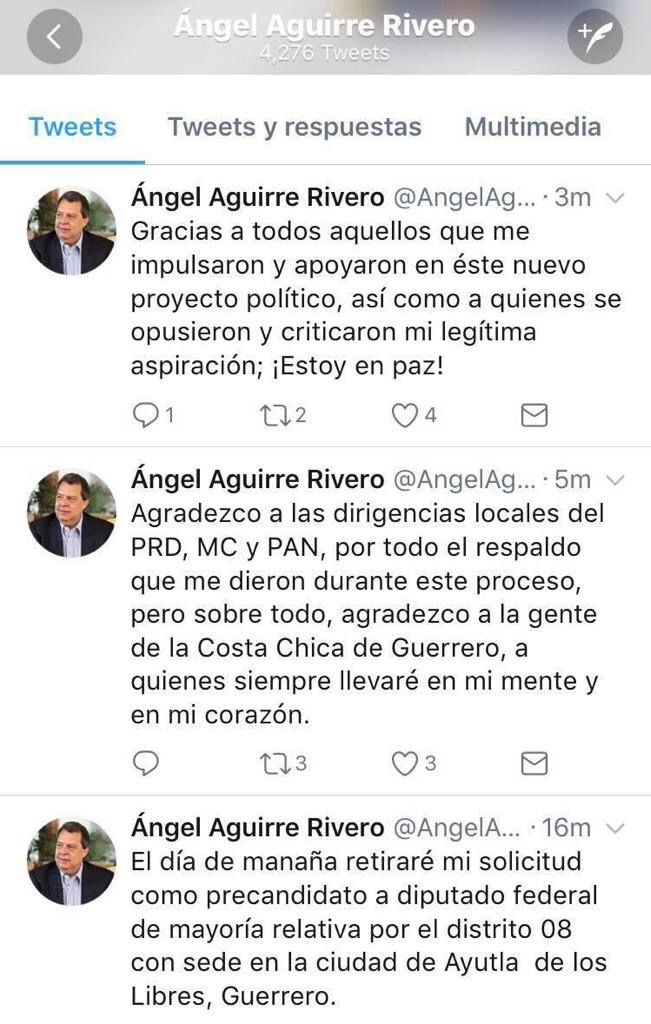 Declina Ángel Aguirre su aspiración para ser diputado federal por el Distrito 08