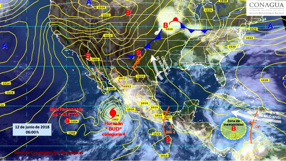 Tormentas puntuales torrenciales en el occidente del país e intensas en el sur de ambos litorales, originadas por el huracán ’BUD’ y la onda tropical No. 2
