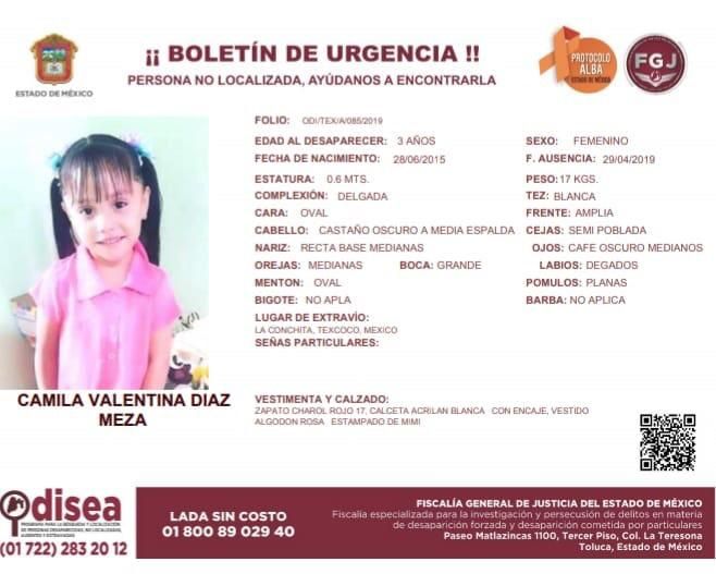 Desaparece niña de 3 años en Texcoco 