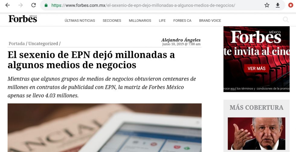 Forbes "se queja" de que medios de negocios recibieron millonarios contratos de EPN y a ellos les tocó poco 