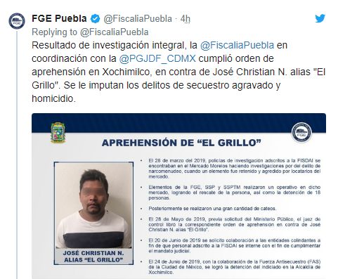 Detienen a ’El Grillo’ en Xochimilco acusado por el secuestro de un policía en Puebla