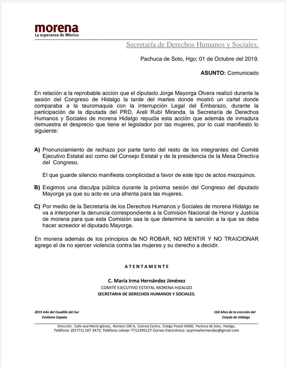 Secretaria de Derechos Humanos de Morena  interpone denuncia ante Comisión de Honestidad y Justicia de Morena contra el diputado Jorge Mayorga.
