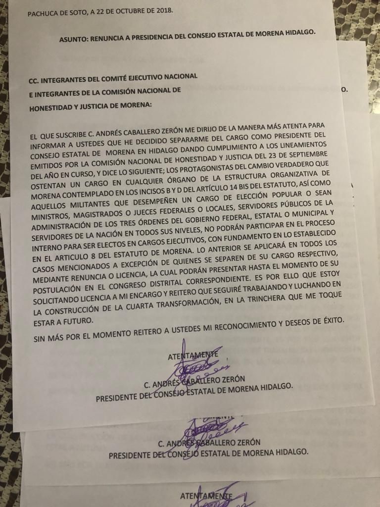 Andres Caballero renuncia a presidencia de Consejo Estatal de Morena en Hidalgo