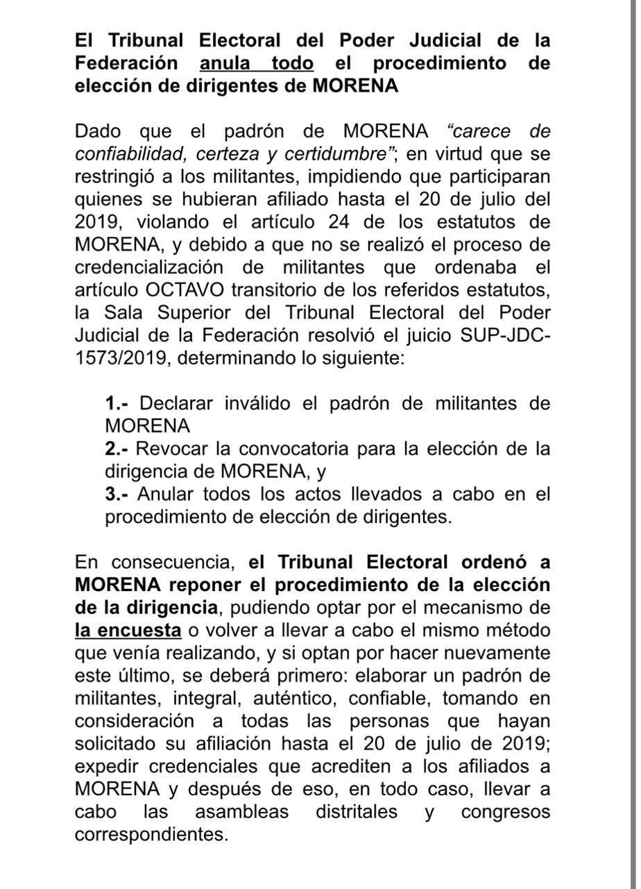 TEPJF anula elección interna de Morena por anomalías y ordena repetirla 