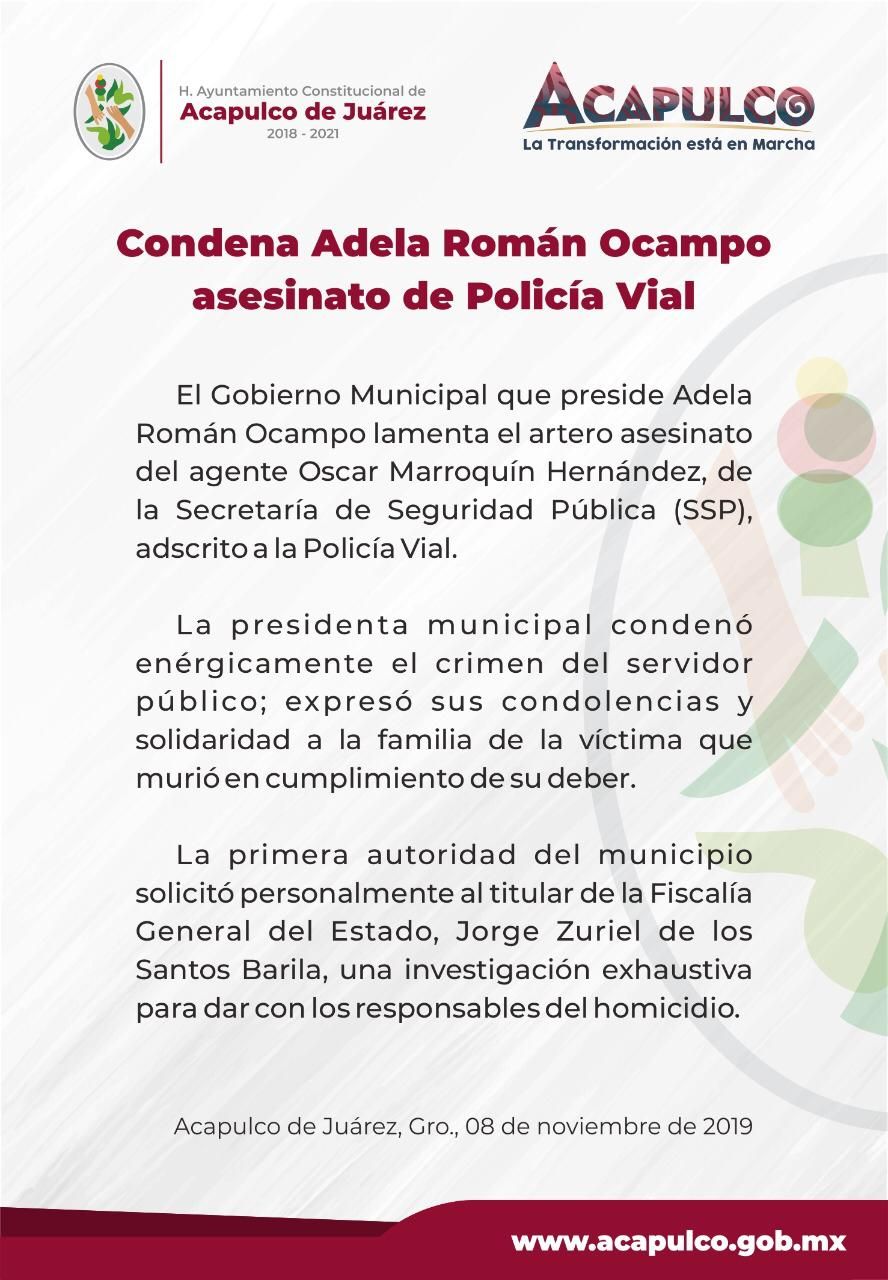 Condena Adela Román asesinato de policía vial en Acapulco 