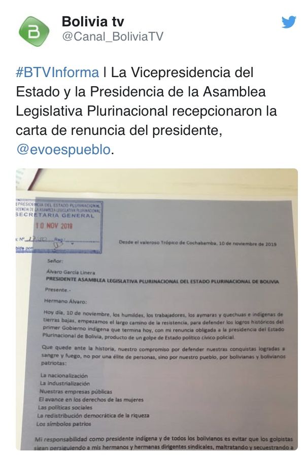 Asamblea legislativa boliviana recibe la carta de renuncia de Evo Morales
