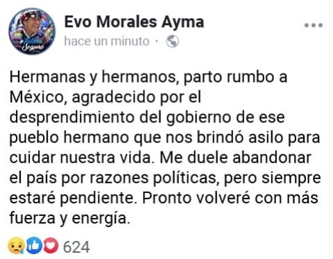 Con emotivo mensaje Evo Morales se despide del pueblo de Bolivia
