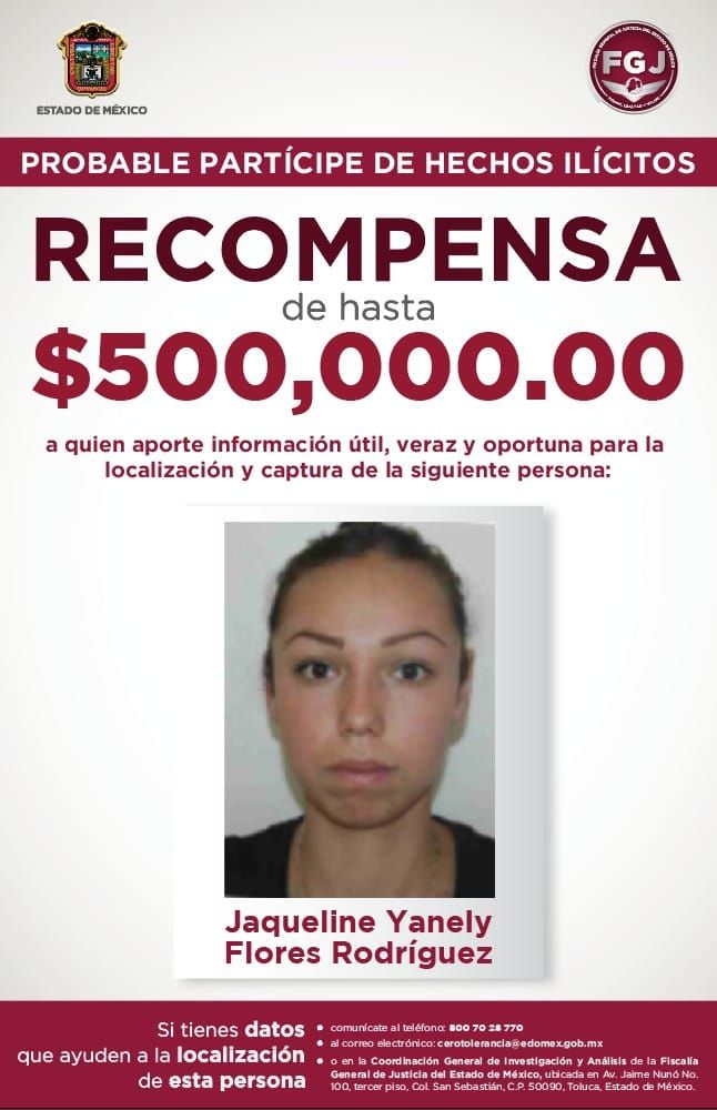 Recompensa de 500 Mil pesos por Jaqueline Yanely Flores Rodríguez, alias "La Flaca"