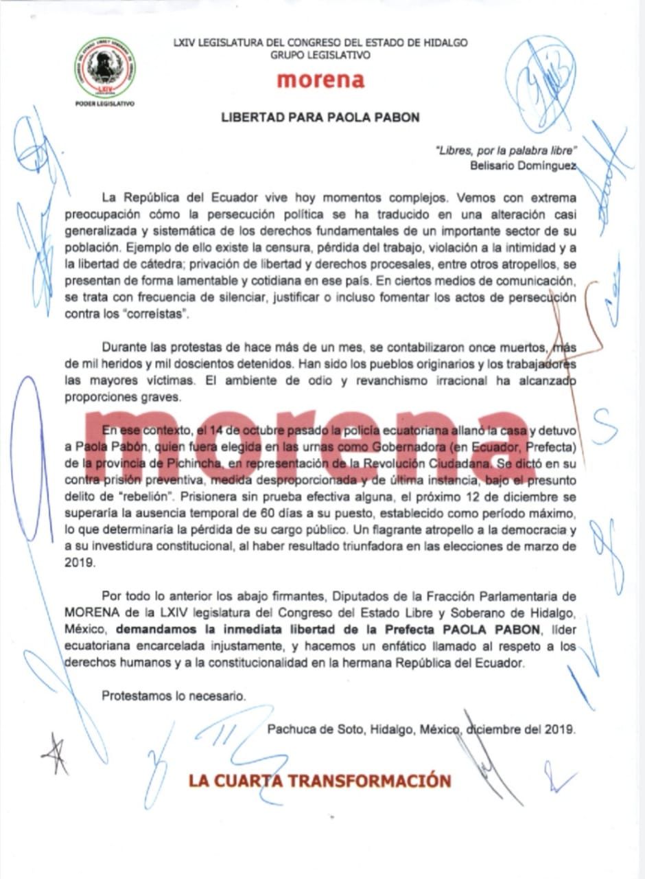 Grupo Legislativo de Morena en Hidalgo exigen al gobierno de Ecuador la liberación de la gobernadora de Pichincha Paola Pabón