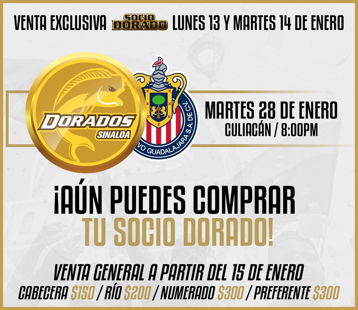 La venta general del Dorados vs Chivas será el 15 de enero.