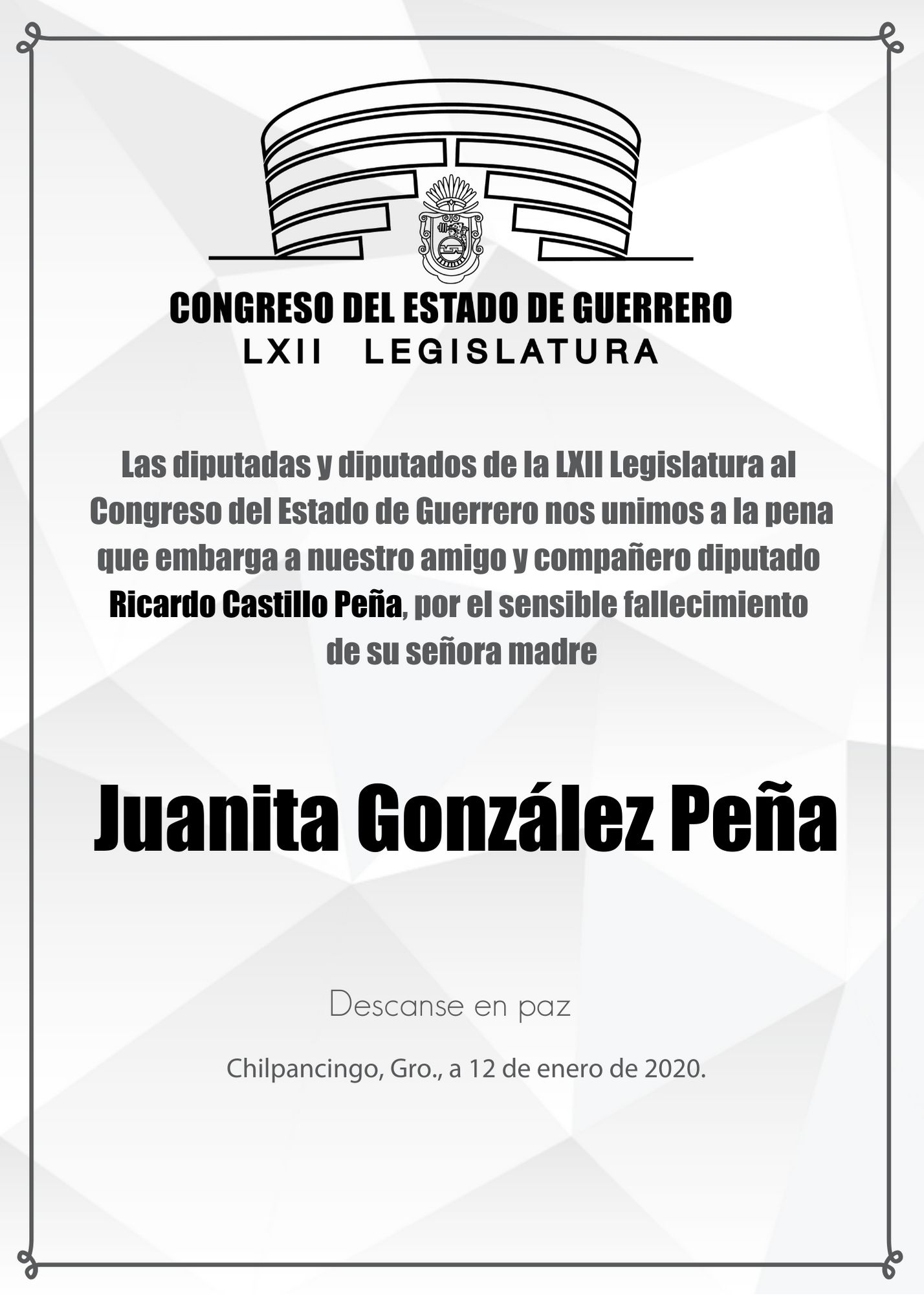 Lamentan en Congreso de Guerrero fallecimiento de doña Juanita González Peña, madre del diputado Ricardo Castillo 
