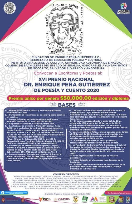 Convocan al XVI Premio Nacional Dr. Enrique Peña Gutiérrez de Poesía y Cuento 2020