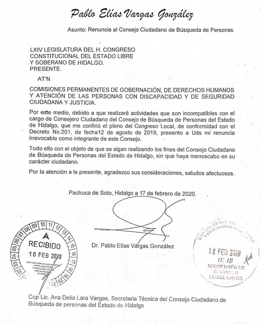 Pablo Vargas renuncia como integrante del Consejo de Búsqueda de Personas Desaparecidas