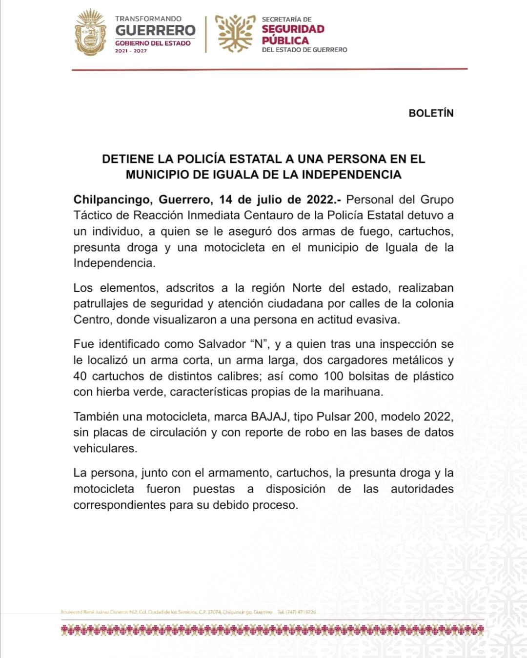 Detiene Policía Estatal a una persona en Iguala 