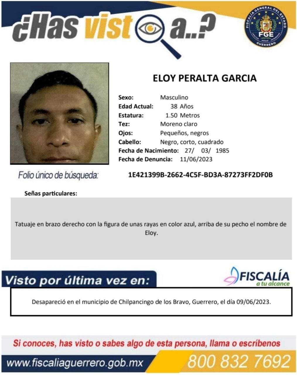 Fiscalía General del Estado solicita su colaboración para localizar a Eloy Peralta García