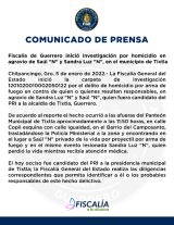 Fiscalía de Guerrero inició investigación por homicidio en agravio de Saúl "N" y Sandra Luz "N", en el municipio de Tixtla