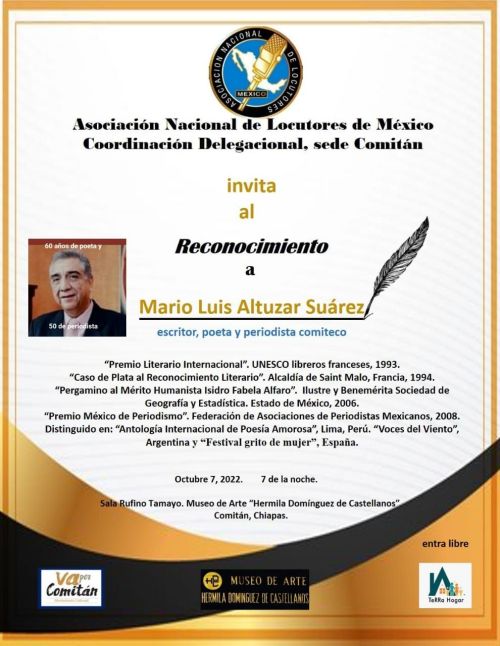 Reconocimiento al Poeta, escritor y periodista comiteco, Mario Luis Altuzar 