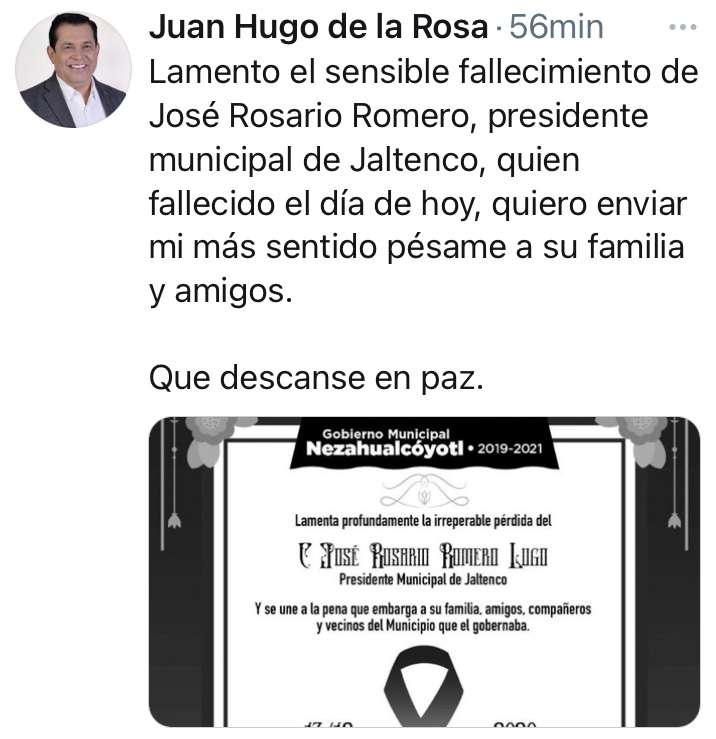 El alcalde de Nezahualcóyotl Juan Hugo de la Rosa lamentó el deceso 