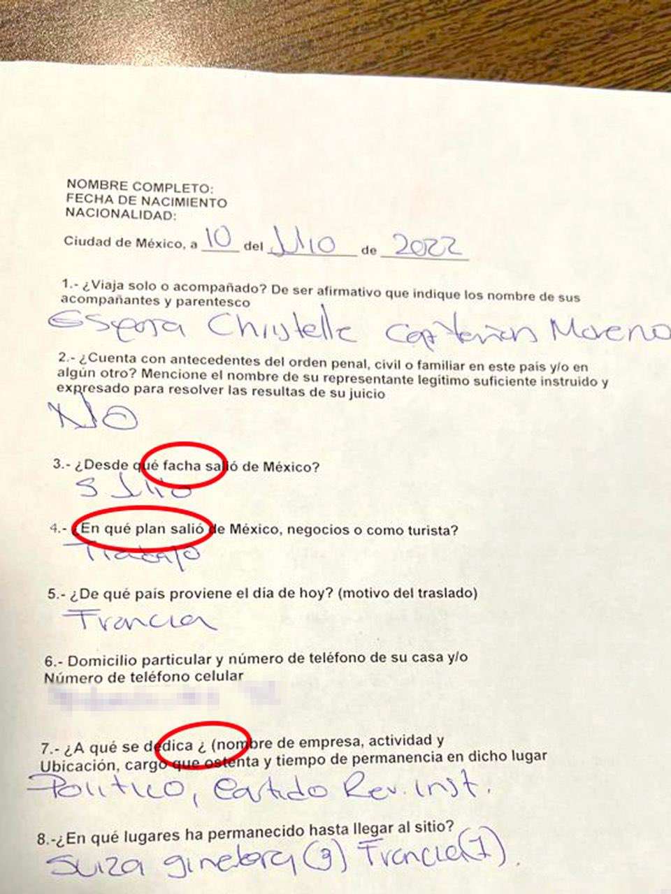 Documento ’irregular’ que hicieron llenar a Moreno Cárdenas.