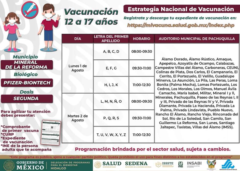 Actualización: Fechas, horarios y sedes de vacunación en Mineral de la Reforma. 