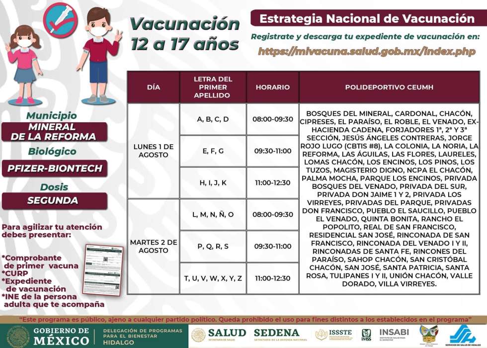 Actualización: Fechas, horarios y sedes de vacunación en Mineral de la Reforma.