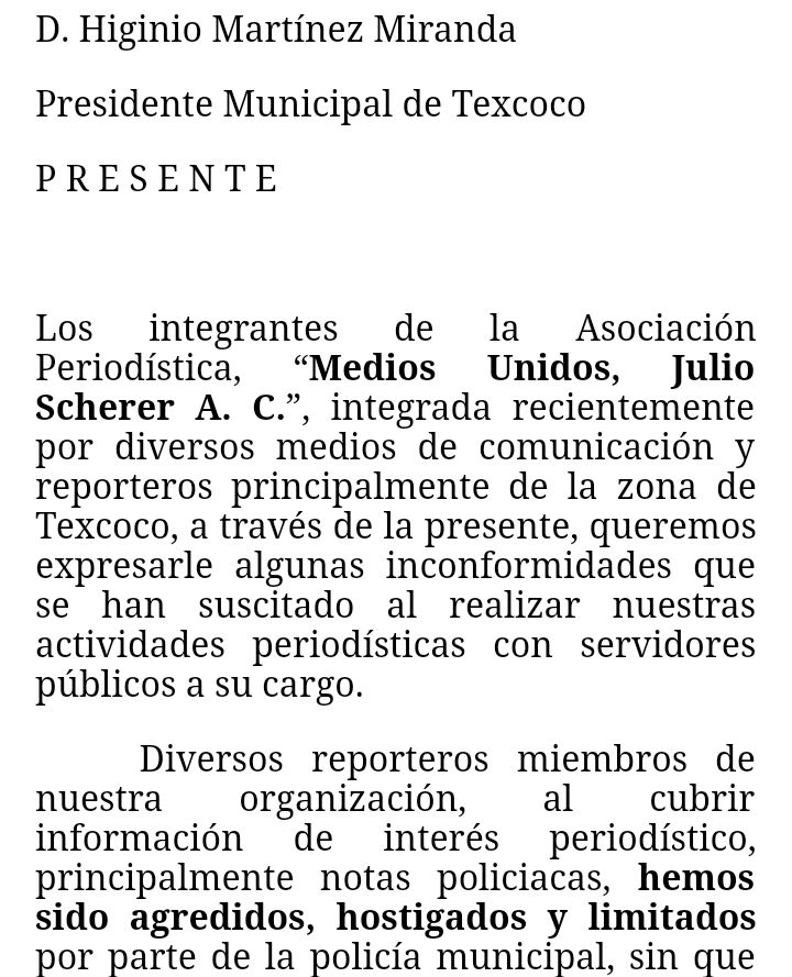 Carta abierta de reporteros al presidente municipal de Texcoco 