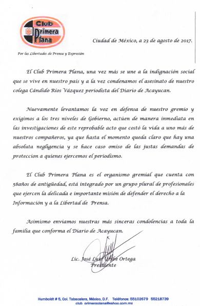 El Club Primera Plana condena el asesinato del periodista Cándido Ríos Vázquez