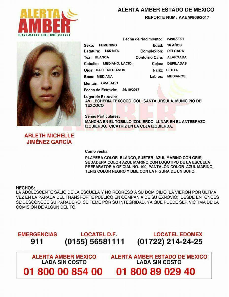 Activan Alerta Amber por  estudiante de preparatoria desaparecida en Texcoco 
