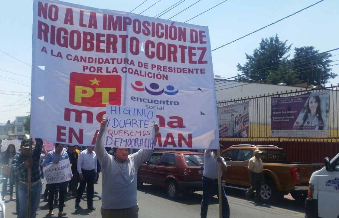 Militantes de Acolman no quieren a Rigoberto Cortez Melgoza como candidato de MORENA.
