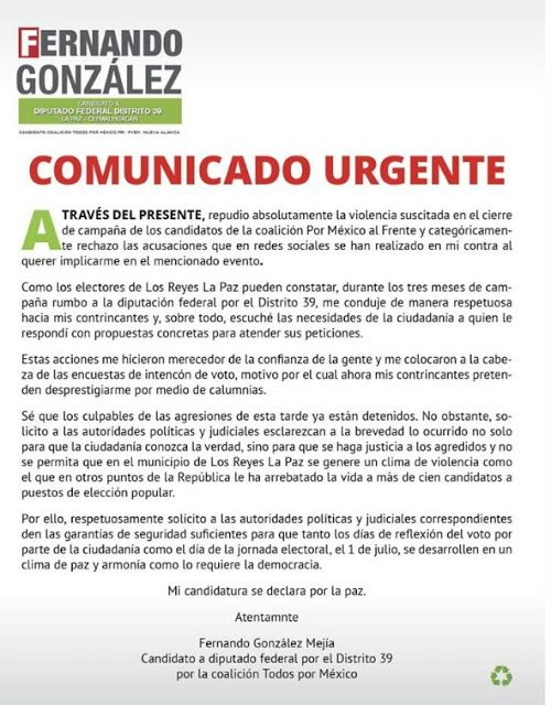 FERNANDO GONZALEZ CANDIDATO A DIPUTADO FEDERAL EN LA PAZ SE DESLINDA DE ATAQUE A BALAZOS EN LA MAGDALENA ATLICPAC.