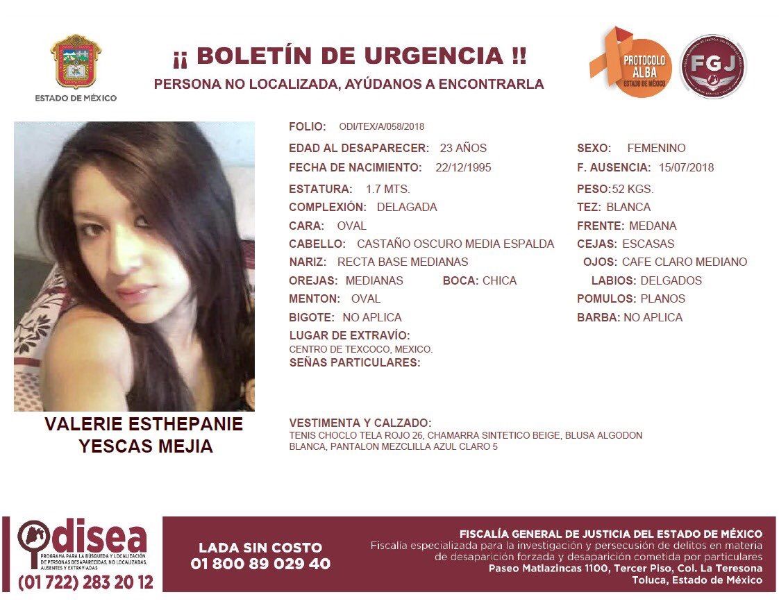 Desaparece mujer de 23 años en centro de Texcoco 