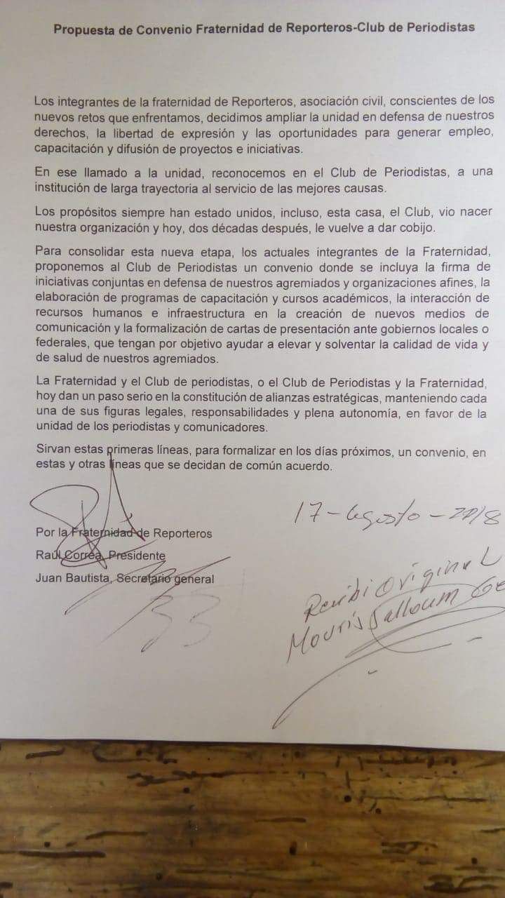 Signan convenio Fraternidad de Reporteros de México y Club de Periodistas de México A.C.