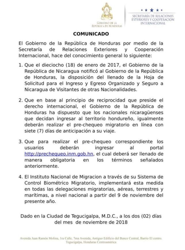 El gobierno de Honduras establecó un prechequeo migratorio a nicaragüenses 