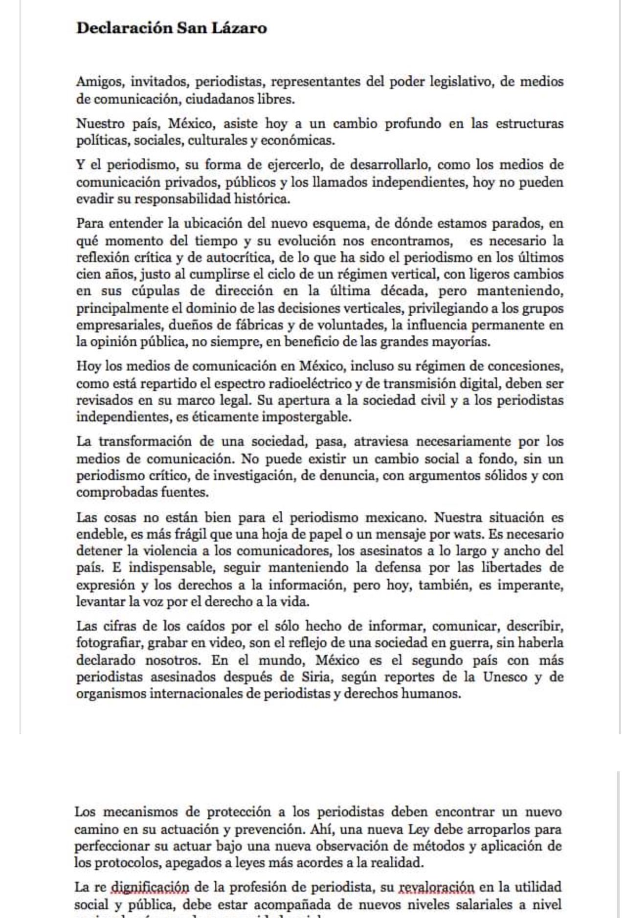 Declaración ’San Lázaro’, resultado del primer ’Foro Nacional de Periodistas y Comunicadores ante la Cuarta Transformación ’.