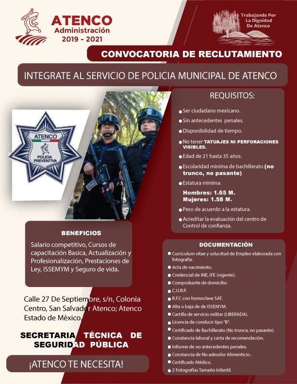 Convocatoria de reclutamiento de policía municipal de Atenco 
