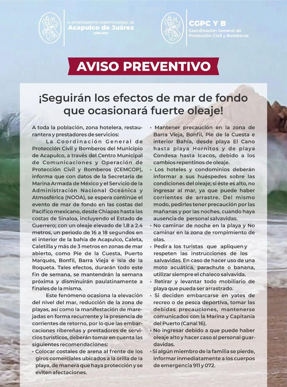 El gobierno de Acapulco emitió un aviso preventivo a turistas y residentes sobre los efectos del mar de fondo* que ocasionan *fuerte oleaje en las playas del Puerto*. 