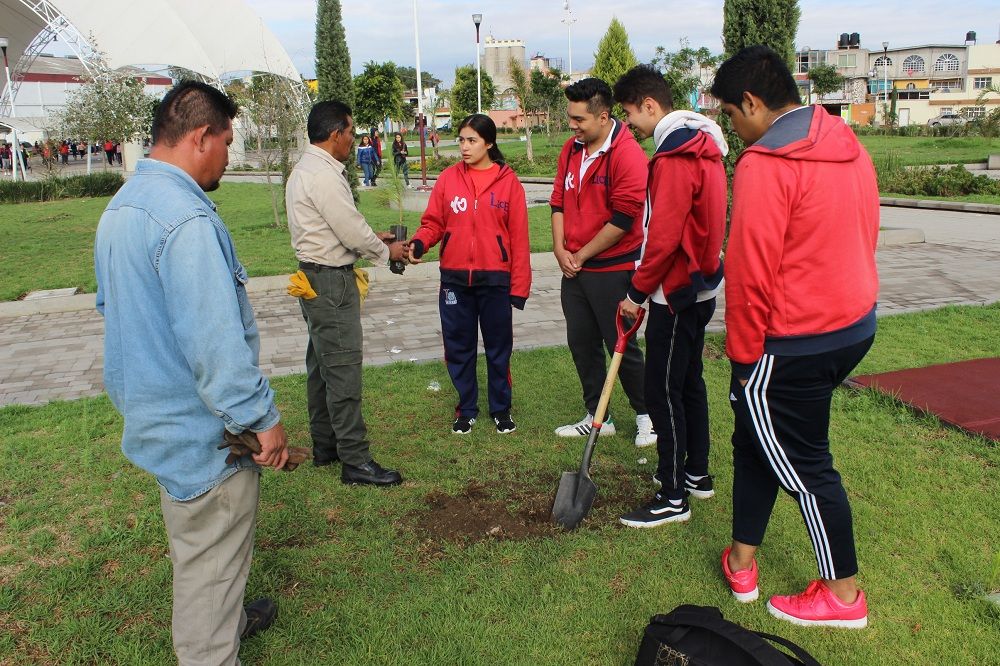 Alumnos siembran árboles en Alameda texcocana