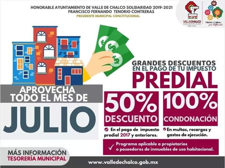 VALLE DE CHALCO SOLIDARIDAD

‼Julio 50% de Descuento en el Pago de tu Predial‼

El Honorable Ayuntamiento de Valle de Chalco Solidaridad  te invita a que aproveches el 50% 