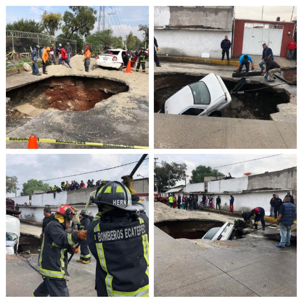 Conductores violan cordón de seguridad y caen en socavón en Ecatepec