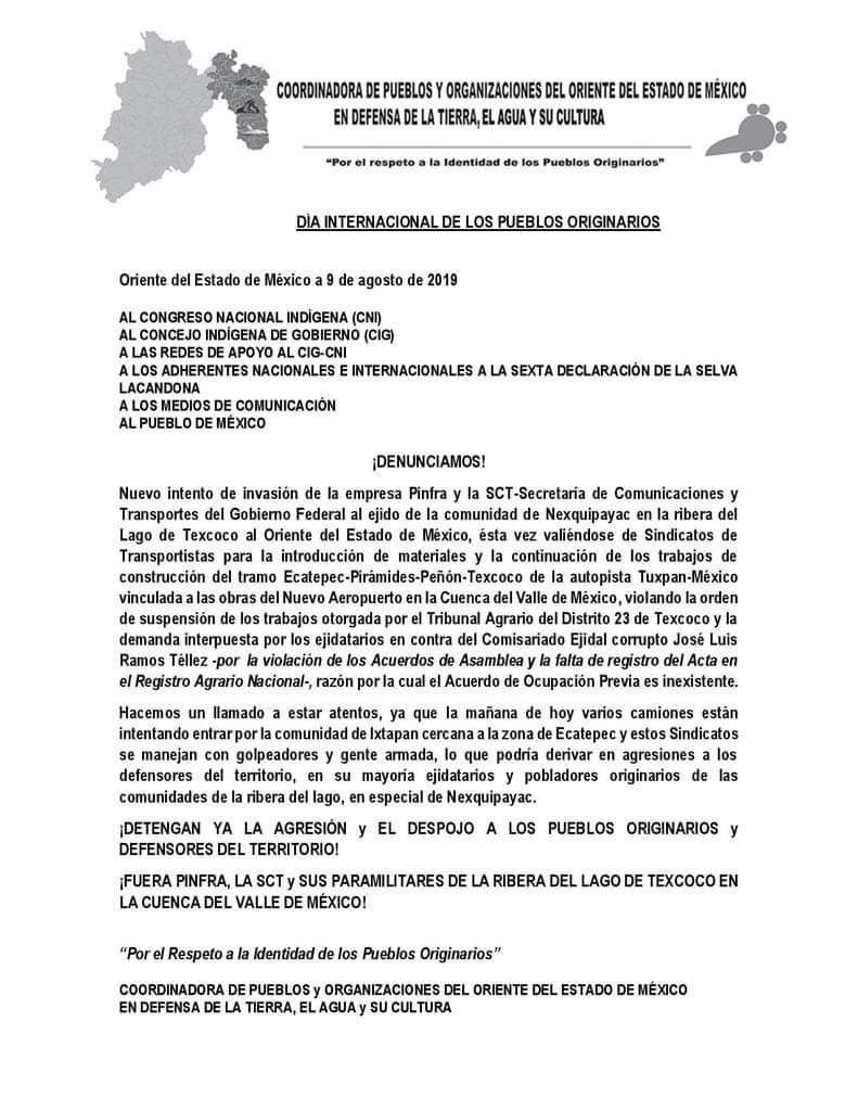Viola PINFRA suspensión de los trabajos de autopista Pirámides Peñón