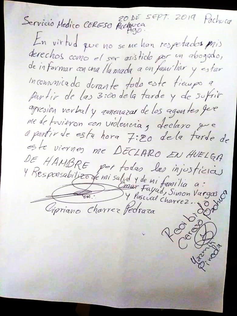 Cipriano Charrez se declara en Huelga de Hambre tras su detención por intento de asesinato de su hermano Pascual 