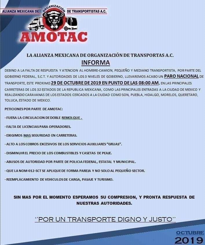 Amotac anuncia bloqueos en Hidalgo y resto del país  para este martes 