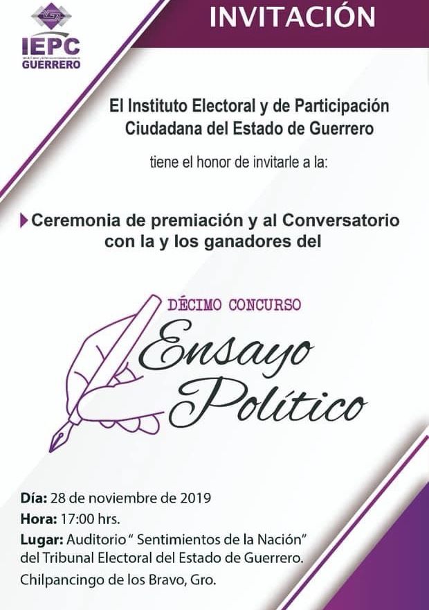 Premiará el IEPC Guerrero a ganadores del X Concurso de Ensayo Político 