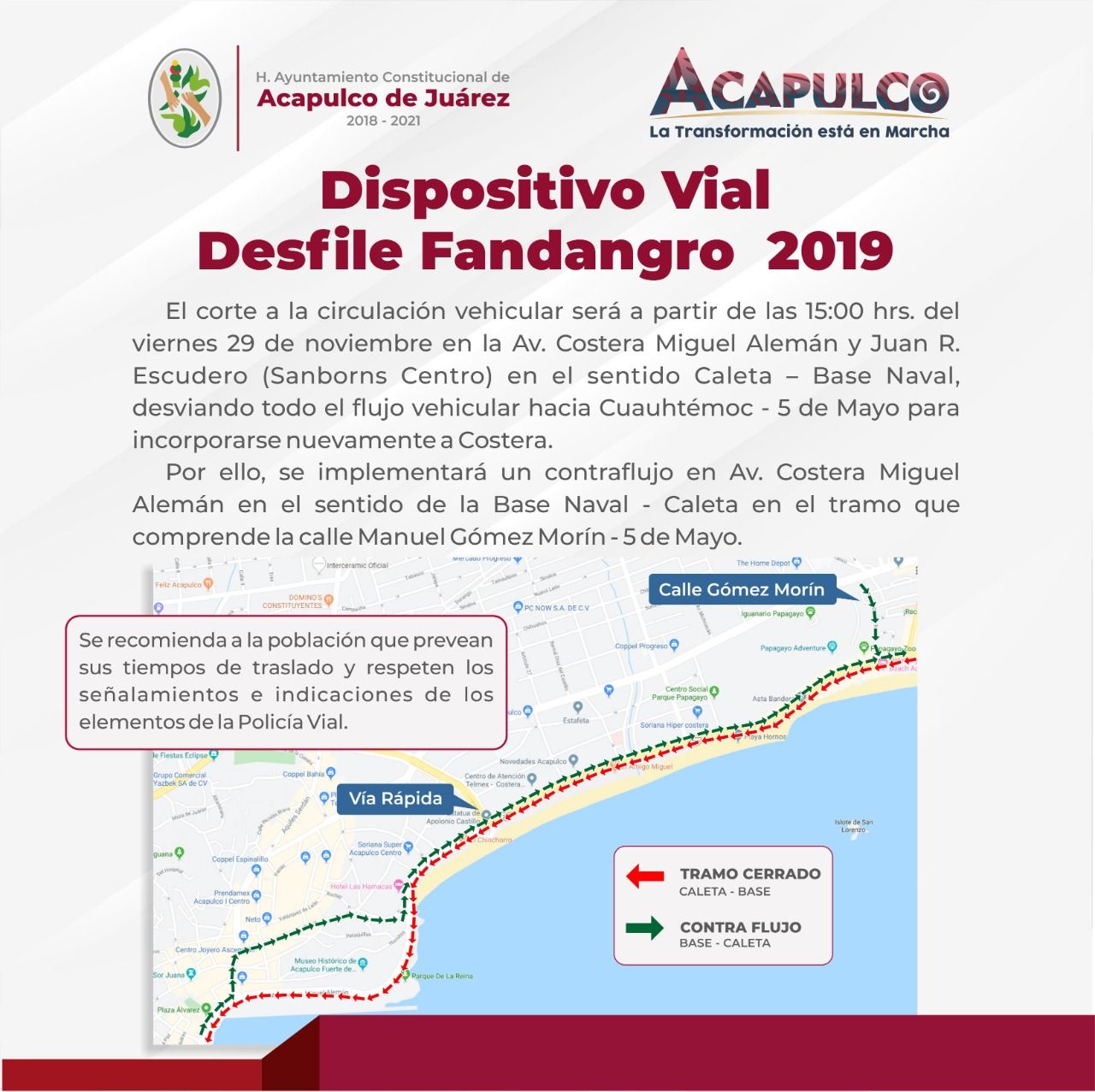 Dispositivo vial por Fandangro en Acapulco; habrá cortes a la circulación a partir de las 3 de la tarde, de este viernes 