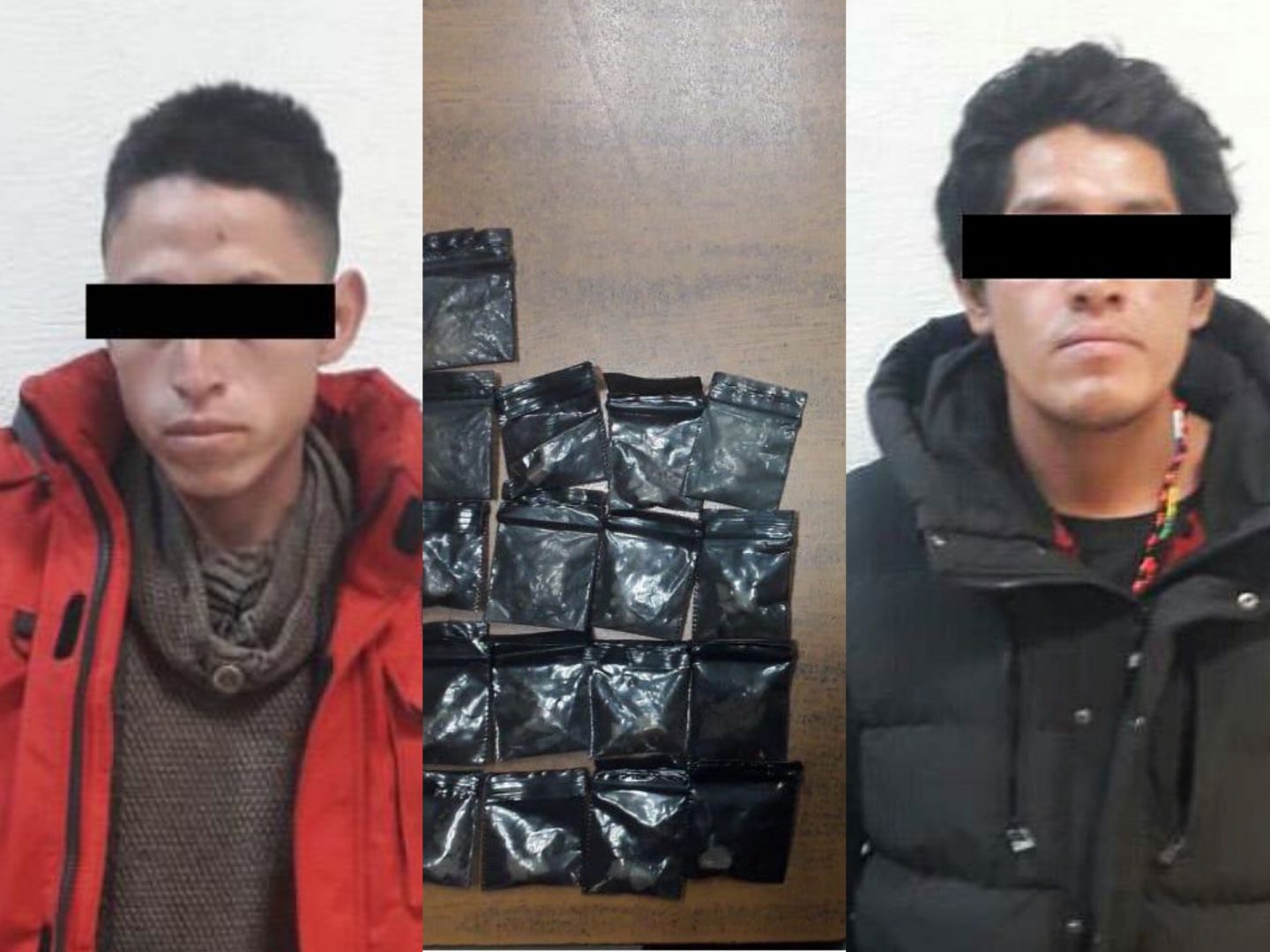 Policías de Texcoco detienen a dos sujetos con dosis con probable cocaína.