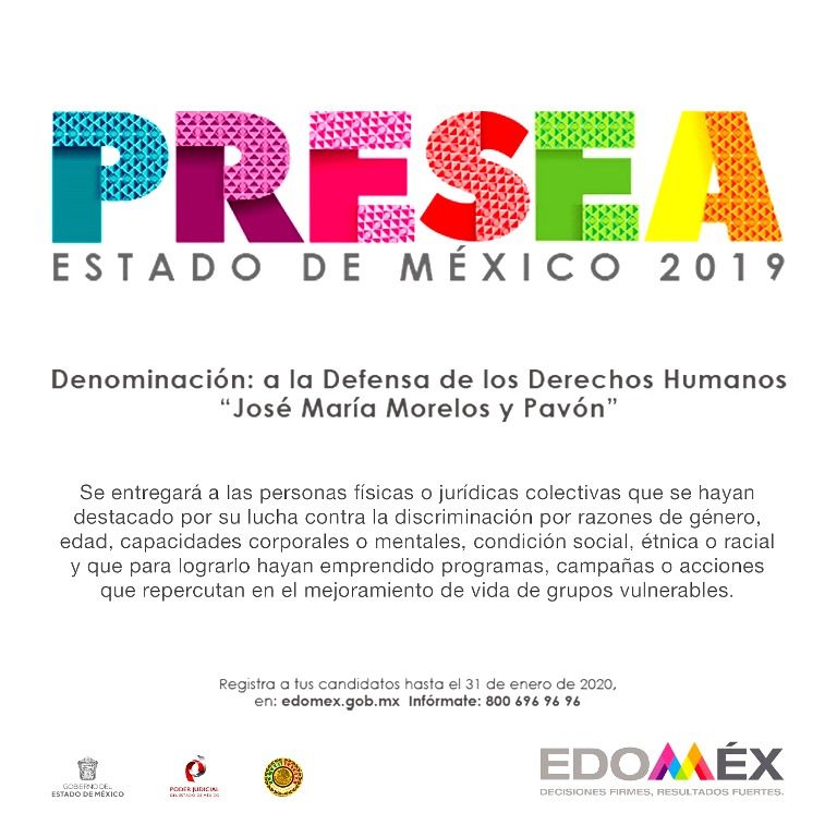 El GEM convoca a participar por la presea Estado de México 2019 en la categoría Defensa de los Derechos Humanos