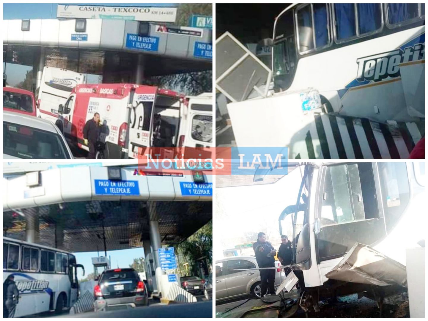 Autobús de la línea Tepetitlán se impacta contra una de las casetas de la autopista Peñón-Texcoco