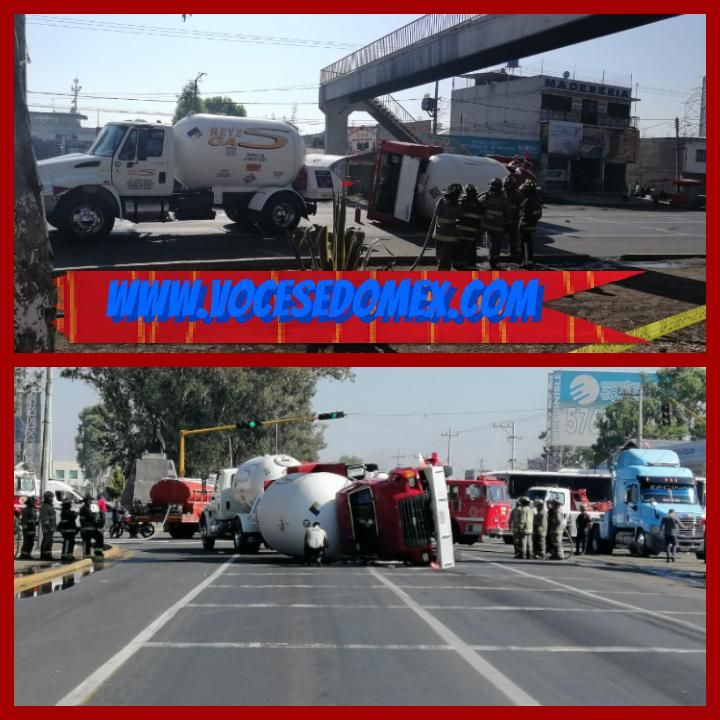 Pipa de Gas LP sé voltea a la altura de Atenco en la carretera Texcoco - Lechería