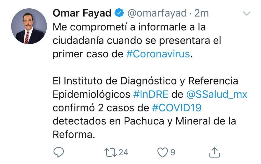 Omar Fayad confirma primeros dos casos positivos de coronavirus en Hidalgo